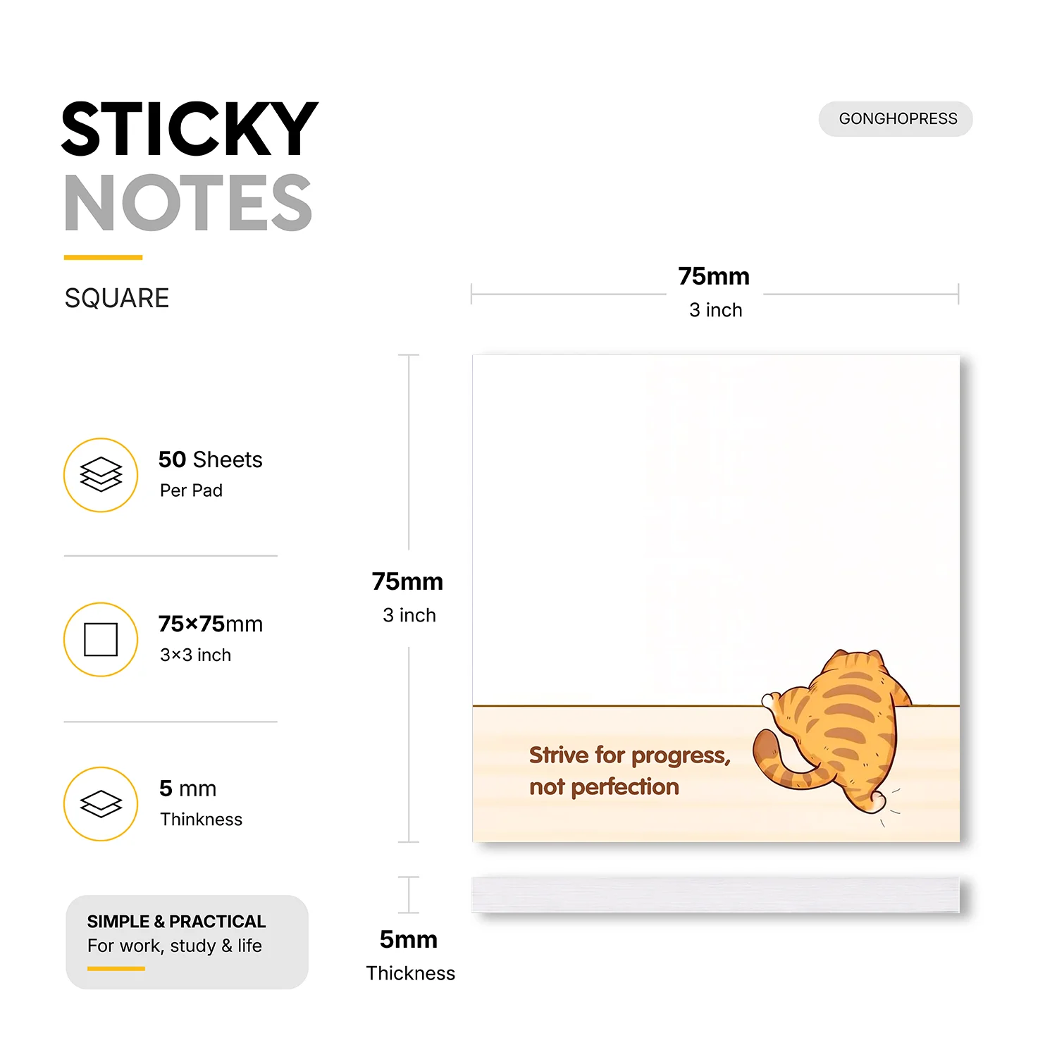 2pcs Cute Cat Sticky Notes, 100 Sheets Total Self Stick Memo Pads, Motivational Notepad, Removable Adhesive Note Pads for To Do
