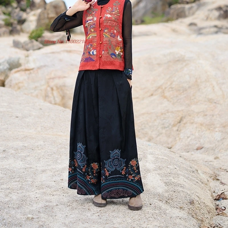 2025 السراويل الصينية خمر الرجعية الساتان الجاكار السراويل زهرة التطريز العرقية السراويل الشعبية مرونة الخصر واسعة الساق السراويل #4