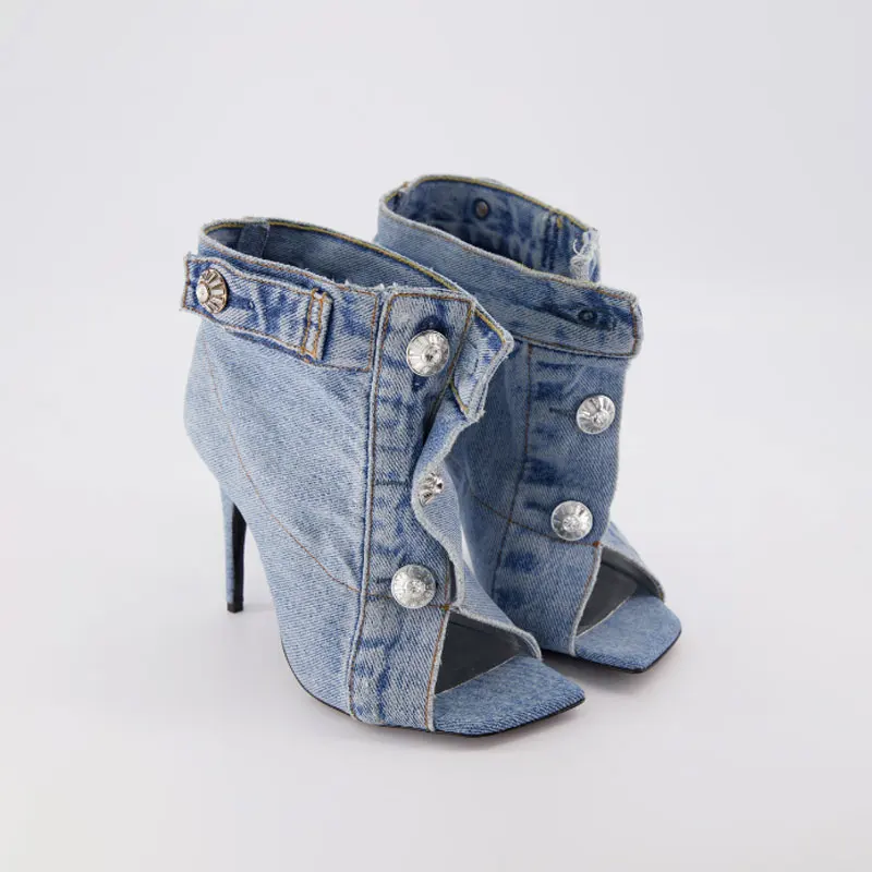 Women\'s Square Head Fish Mouth Open Toe Ultra High Heel Denim Personalized Button Decoration and Ankle Short Boots