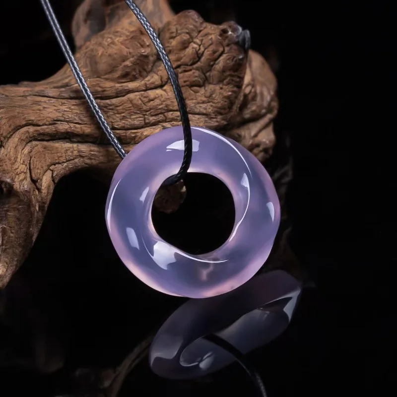 Natural Purple Chalcedony Agate Peace Ring Pendant Smooth Donut Circle Necklace with Braided Cord Lucky Protection Jewelry Women