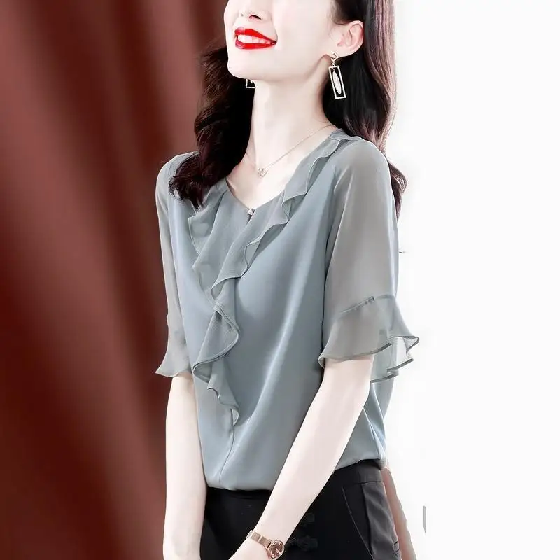 Summer Ruffles Patchwork Chiffon Blouse 2023 Fashion Solid Color All-match Round Neck Female Clothing Commute Short Sleeve Shirt