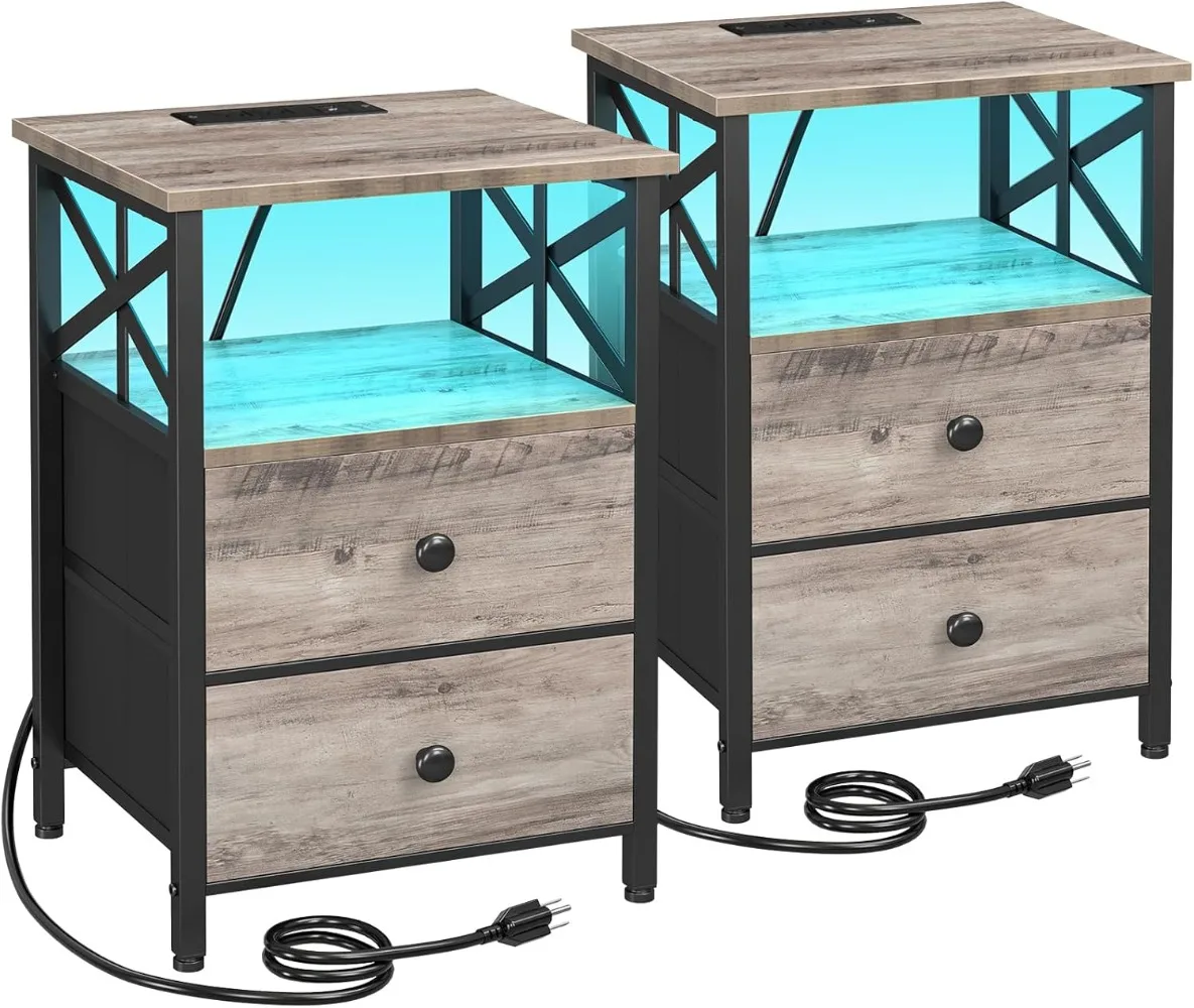 

Night Stand Set 2,with Charging Station, End Tables Living Room with Fabric Drawers, Bedside Table for Bedroom, Greige