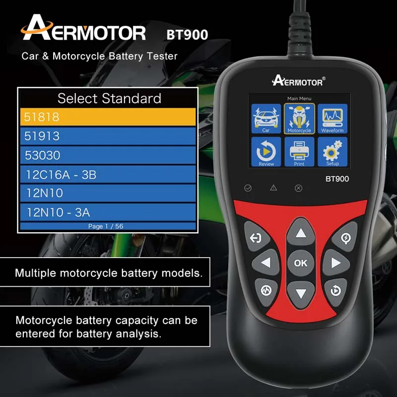 

AERMOTOR BT900 6V 12V Car Motorcycle Battery Tester Battery System Test Tool Auto Battery Analyzer PK KW600/650 ﻿ Multi-Language