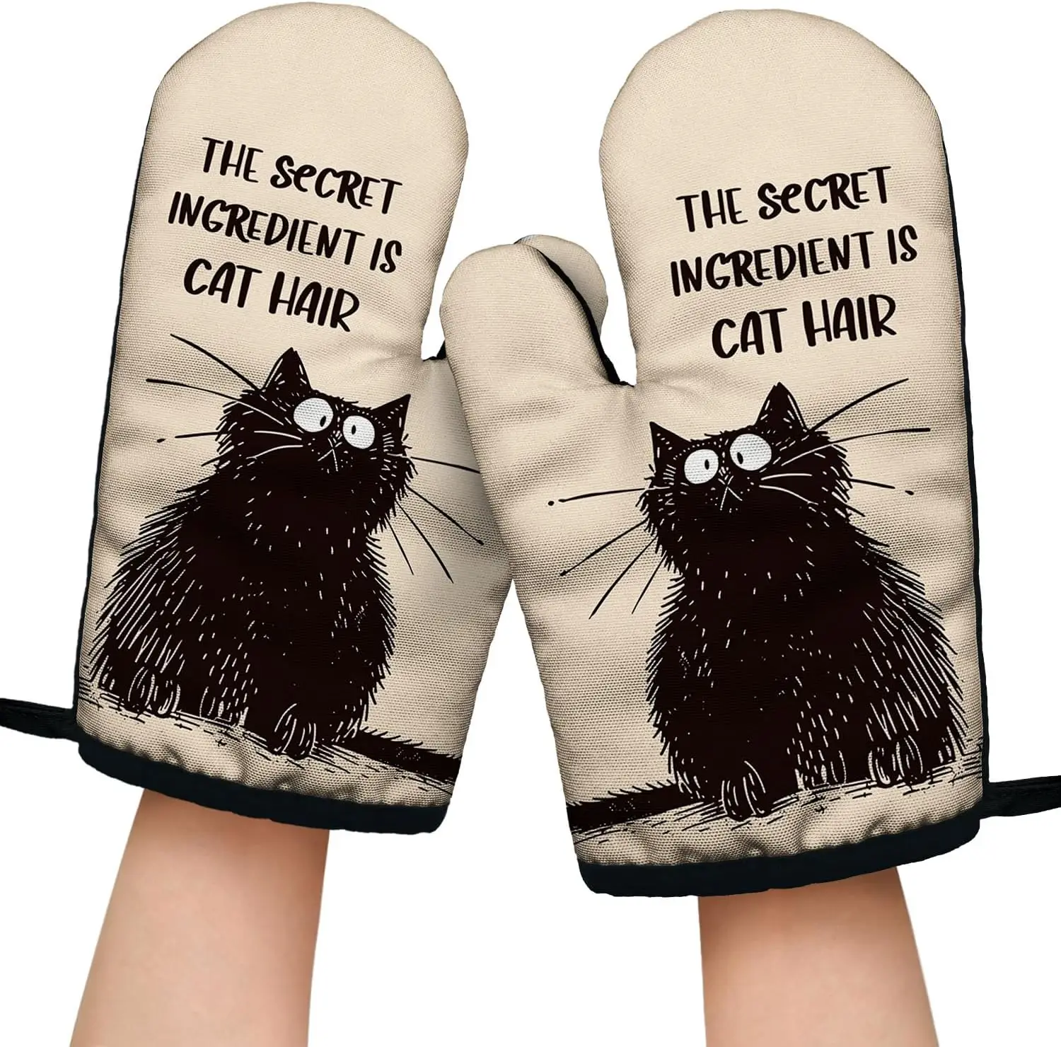 The Secret Ingredient is Cat Hair Funny Black Cat Oven Mitts with Hanging Loop Non-Slip, Cute Cat Baking Kitchen