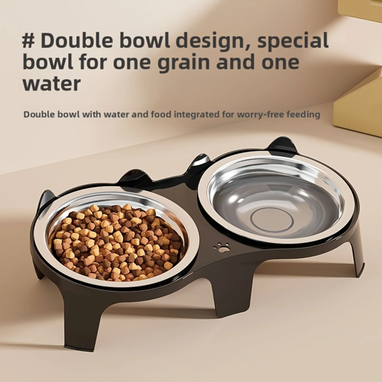 2-in-1 Cat Food Bowl Set, 2 Stainless Steel Bowls,Non-tipping Cat Food and Water Bowl for Cats,Pet Feeding Bowl for Chin Rubbing