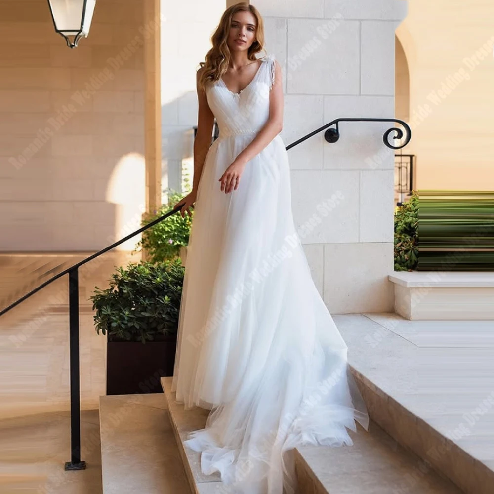 

Sweetheart Collar Women Wedding Dresses Customized Elegant Lace Flower Print Tulle Sleeveless Bridal Gowns Embellishments Robes