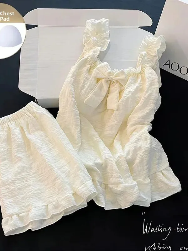 Cute Bowtie Sleepwear Women's Summer Home Clothes with Chest Pad Short Pants Breathable Cloud Cotton Soft Square Collar
