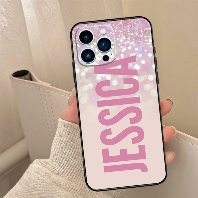 Personalised initials name pink shiny Back Case For iPhone 16 15 14 13 11 12 Pro Max Mini XS X XR 7 8 Plus Phone Cover