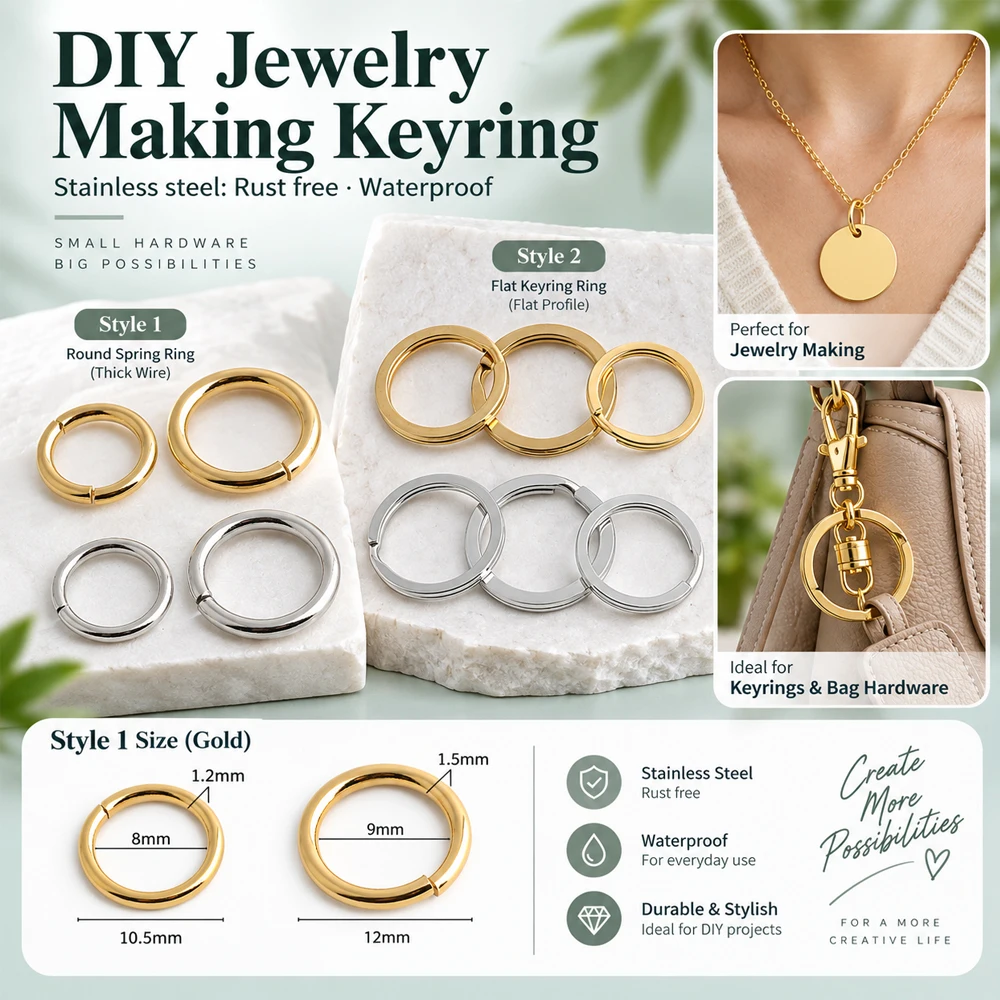 50/200/500PCS 8mm 9mm Stainless steel 18K gold Split Ring Open Single Loops Jump Rings Connectors For Bag Key Chains Accessories