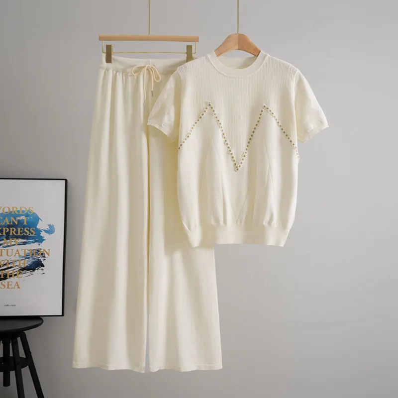 

2023 летние новые женские мешковатые ажурные топы, модные широкие брюки, модный комплект из двух предметов в корейском стиле, однотонный повседневный наряд B486