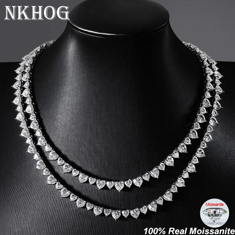 NKHOG Full Heart Cut Moissanite Tennis Necklace 925 Sterling Silver 18K Plated Women Neck Chain Wedding Gift Jewelry Certificate