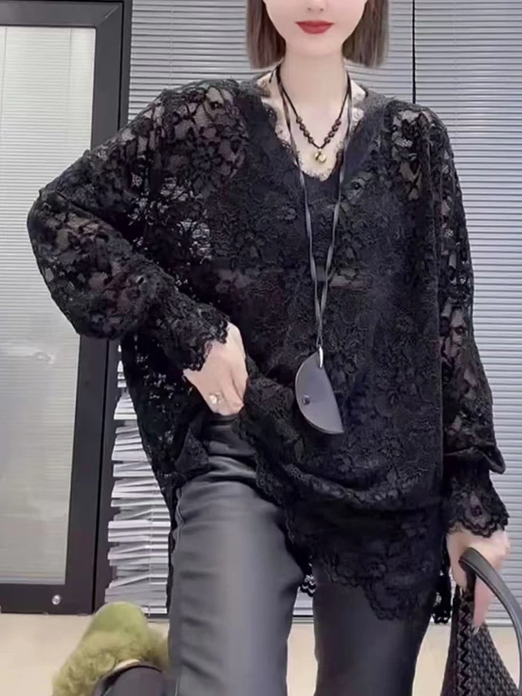 

Женская футболка с V-образным вырезом и длинным рукавом в корейском стиле, облегающая, базовая, в американском ретро-стиле, с кружевными вырезами, для осени и зимы