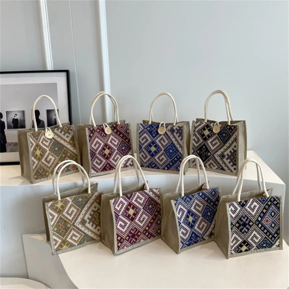 Women Ethnic Patterns Handbag Linen Bag Portable Eco-Friendly Grocery Bag Gift Bag With Handle Casual Button Tote Bag Pouch 2024