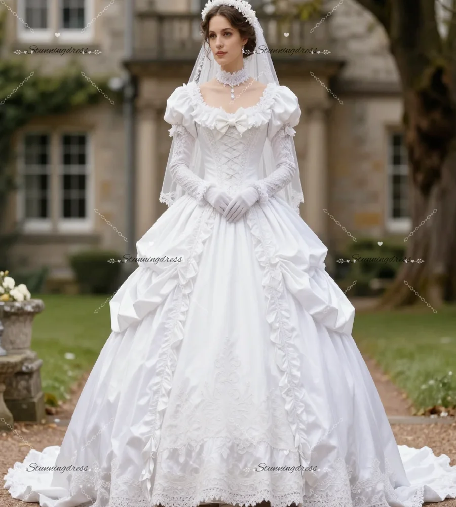 

Romantic Victorian Wedding Dress 2026 Princess Satin Bustle Era Garden Bridal Dress Long Sleeve Marie Antoinette Bride Dress