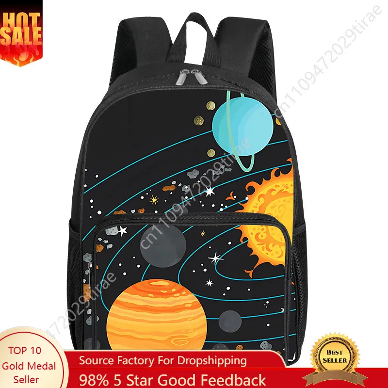 Cosmic Planet Pattern Square Front Pocket Backpack for Boy and Girls Best Gifts 2D Flat Cartoon SchoolBags for Children