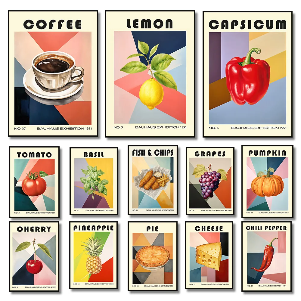 Kitchen Food Canvas Paintings Coffee Tea Oranges Lemon Chili Pepper Tomato Bauhaus Posters and Print Wall Art Picture Home Decor