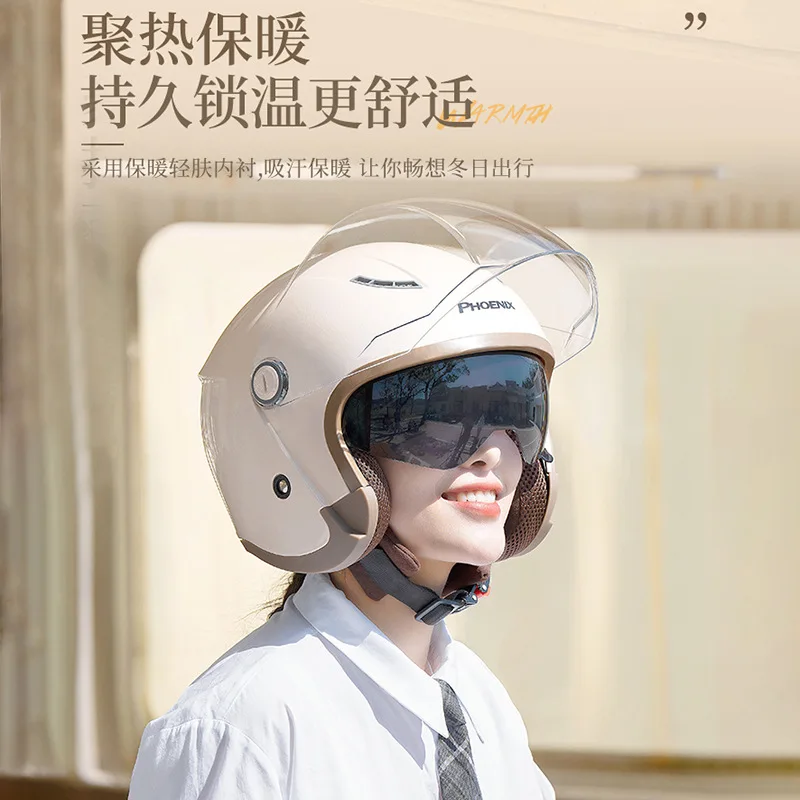 Cute Motorcycle Helmet for Man and Woman Integrated HD Double Visor Open Face Helmets Warming Removable Liner Safety Cap 55-60CM