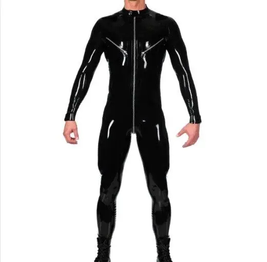 

Sports 100% latex rubber pure sports black handsome tight zipper pants S-XXL