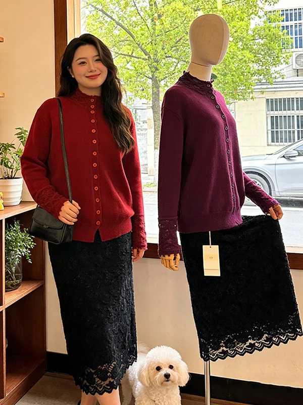 

Fashionable Large Size New Year Set Women's Spring Hooked Flower Half High Collar Knitted Sweater Fleece Lined Lace Skir...