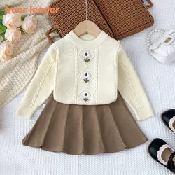 Bear Leader Girls' Clothing Winter College Style Sweater Sets Round Neck Long Sleeved Flower Top+A-line Pleated Short Skirt