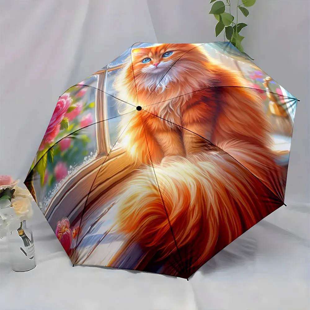 1PC Charming Cat Design Umbrella with Floral Background Print 8 Iron Ribs Folding Umbrella Auto-Open Fashion Sunshade
