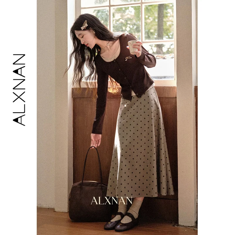 ALXNAN grande taille gris à pois jupe femmes longue a-ligne jupes élégantes coupe ample taille haute décontractée fête femme vêtements D12872