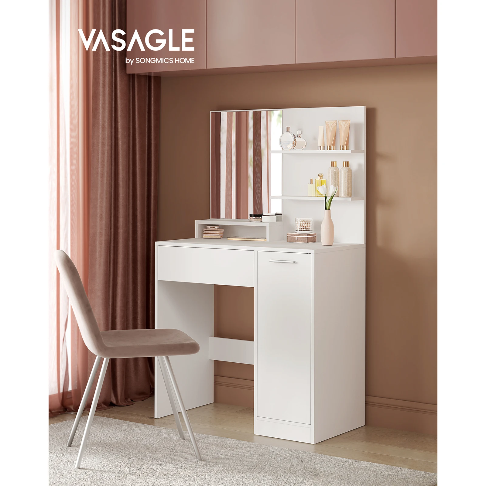 VASAGLE Dressing Table, Vanity Table with Mirror, 1 Drawer, 2 Shelves, Storage Cabinet, Makeup Organiser, White