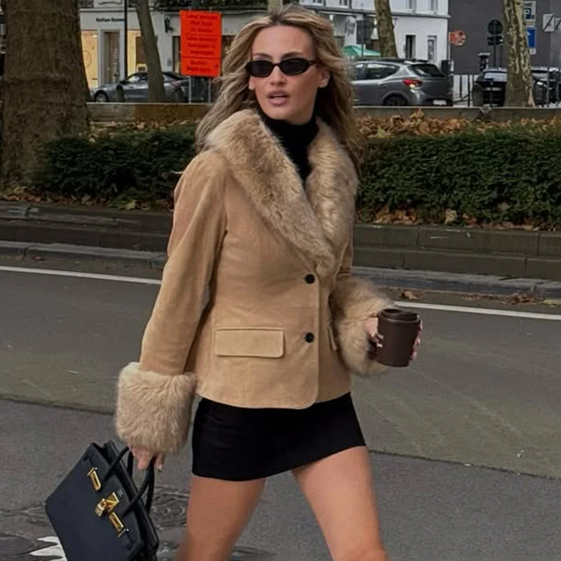 Ticketsx Fashion Suede Fur Collar Jacket Women Single Breast Pockets Slim Women Coat Elegant Vintage Winter Warm Street Clothing