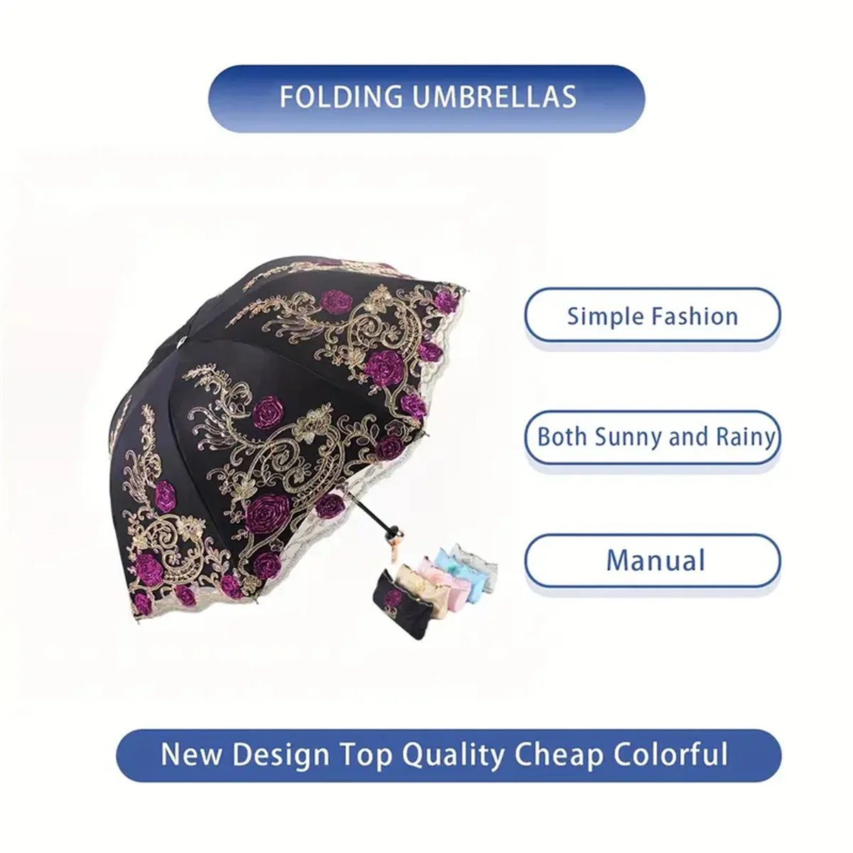 1pcs Lace Embroidery Parasol Anti-UV Folding Umbrella UPF50+ Vintage Flower Embroidery Umbrella Princess Umbrella Gift Umbrella