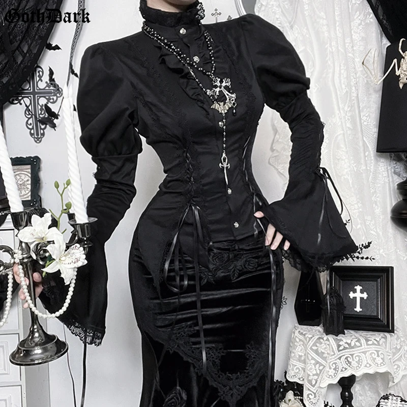 Goth Dark Lolita Lace Trim Gothic Blouse Shirts Mall Goth Single Breasted Flare Sleeve Side Bandage Tops Halloween Cardigans
