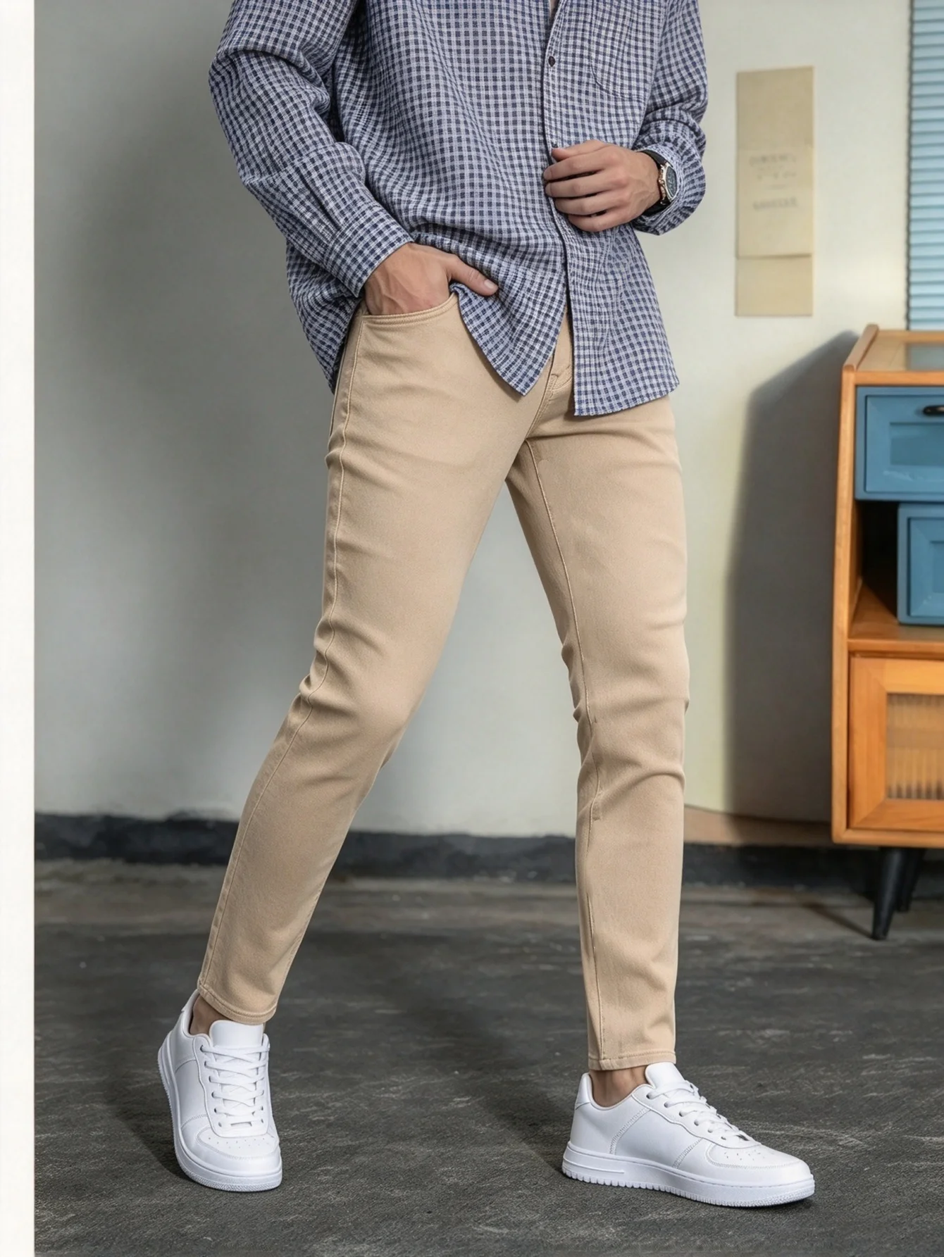 Trendy Y2K Nostalgic Khaki Slim Denim Jeans for Men Streetwear Long Trousers Nice Gift for Lover