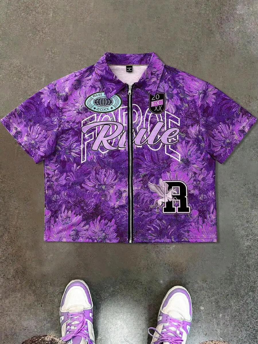 

Purple Floral Print Zip-Up Shirt with Graphic Letter and Winged Horse Motif