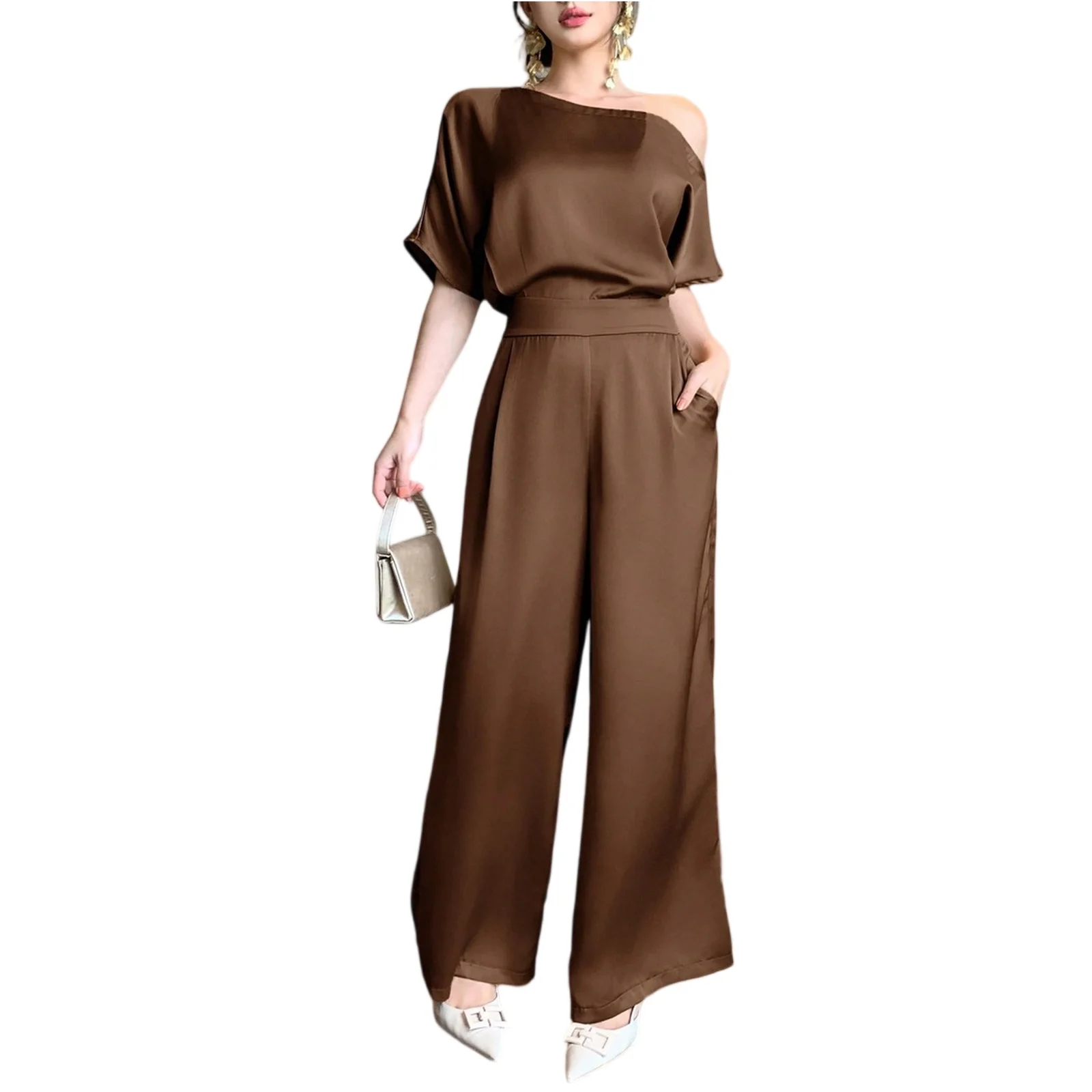 Solid Color Asymmetrical Jumpsuit Elegant Off Shoulder Jumpsuit Spring And Autumn Women'S Jumpsuit
