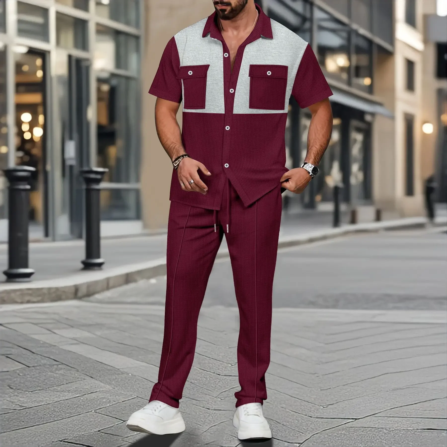 

summer men's casual short-sleeved pants suit fashion handsome tooling matching color shirt outdoor cardigan shirt two sets