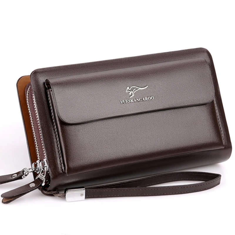 KANGAROO-Pochette en cuir à double fermeture éclair pour homme, sac à main long, portefeuille d'affaires, noir, marron, décontracté, pratique, homme, marque de mode