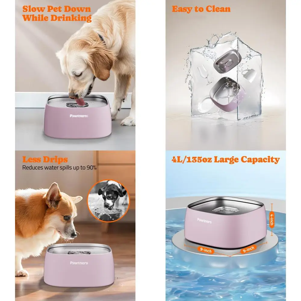

Dog Water Bowl No Spill, 4L Stainless Steel Slow Water Bowl for Dogs with Non-Slip Base, Spill Proof Dog Water Bowl for Medium L