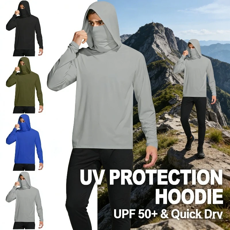 

2026 Новая мужская рубашка для рыбалки, летняя футболка с капюшоном из ледяного шелка и длинными рукавами с защитой от ультрафиолета