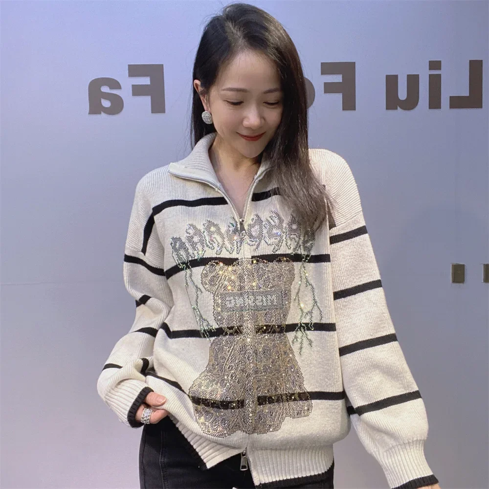 

Black and White Striped Sweaters Women Cardigan Loose Clothing Cartoon Bear Diamonds Zipper Long Sleeve Pullover Knitwear