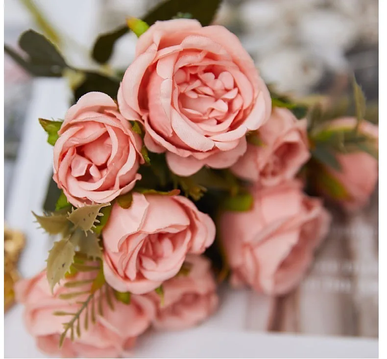 Vintage 8-Köpfige Künstliche Pfingstrosen & Grüne Rosen für Hochzeit, Schreibtisch, Raumdekoration, Party, DIY-Sträuße, Kunstblumen-Arrangements – Detail 8