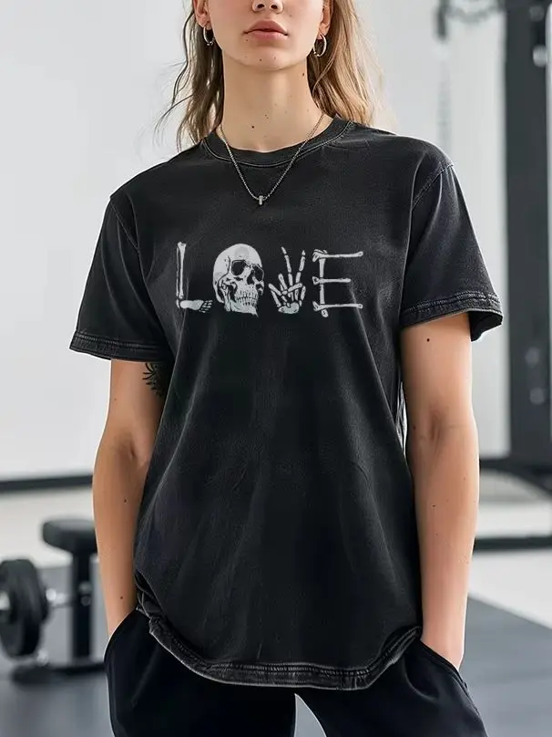 

Design Sense Skull Letter Love Printed T-Shirt High Gram Weight Men And Women With The Same Style Round Neck Short Sleeves