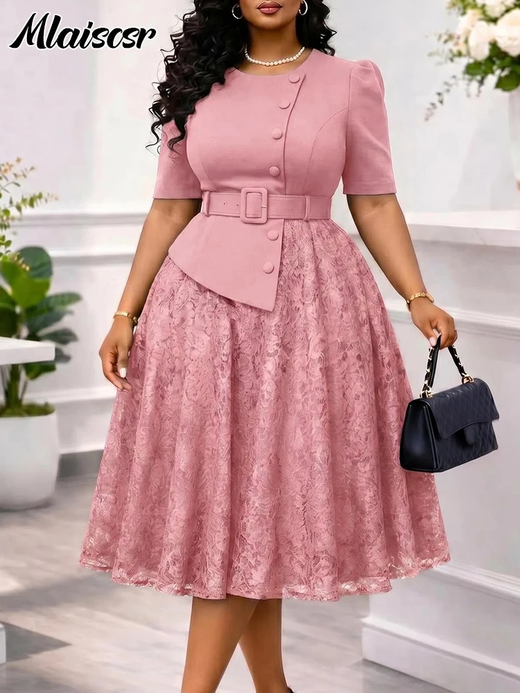 Mlaiscsr Classy Pink Mid Dress for Women Puff Sleeve A-Line Belted Waist Buttoned Top Floral Lace Overlay Dresses Brunch Church image 3