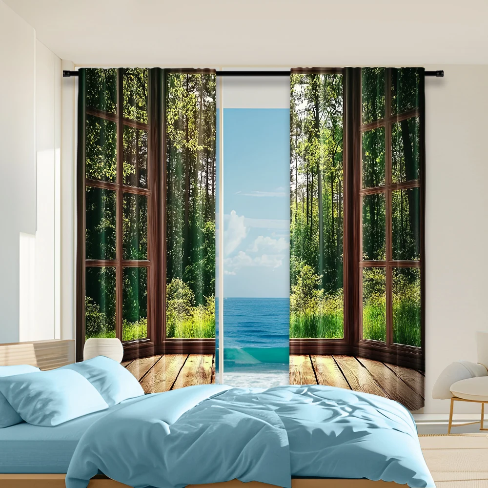 

2Pcs Forest Scenery Printed Window Curtains Rod Pocket Decorative Window Drapes Window Treatments For Bedroom Living Room Home