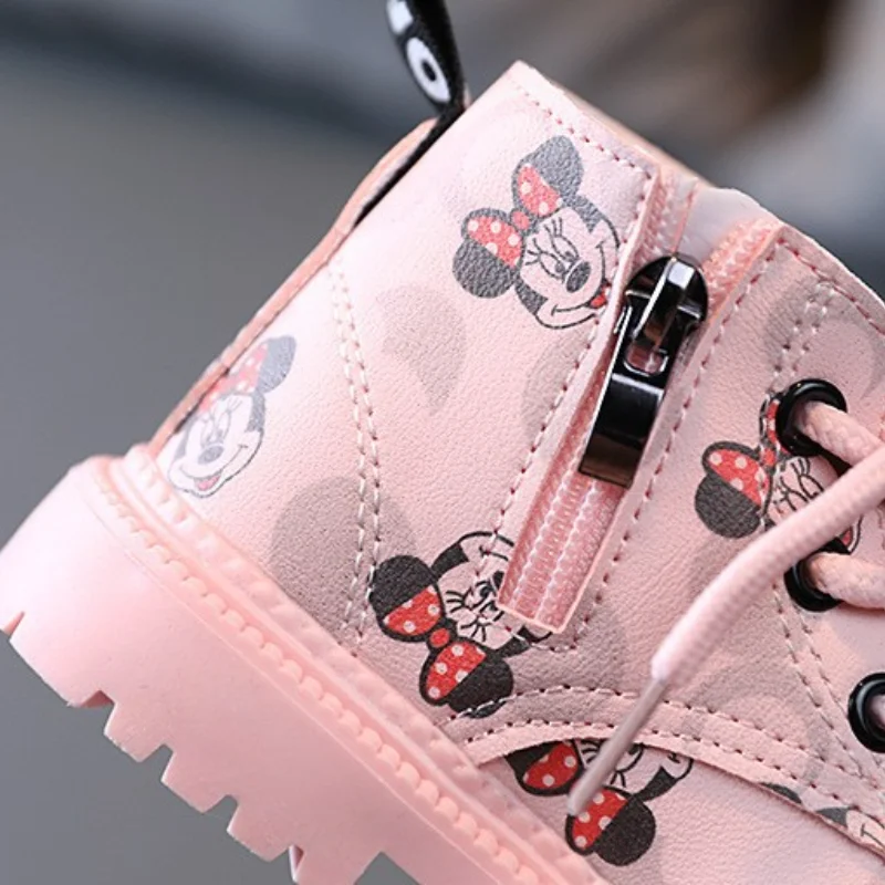 Disney Girls Boots Kids Fashion Rubber Boots Cool Girl Autumn Soft Sole Pink with Cute Minnie Side Zip Princess Round-toe PU