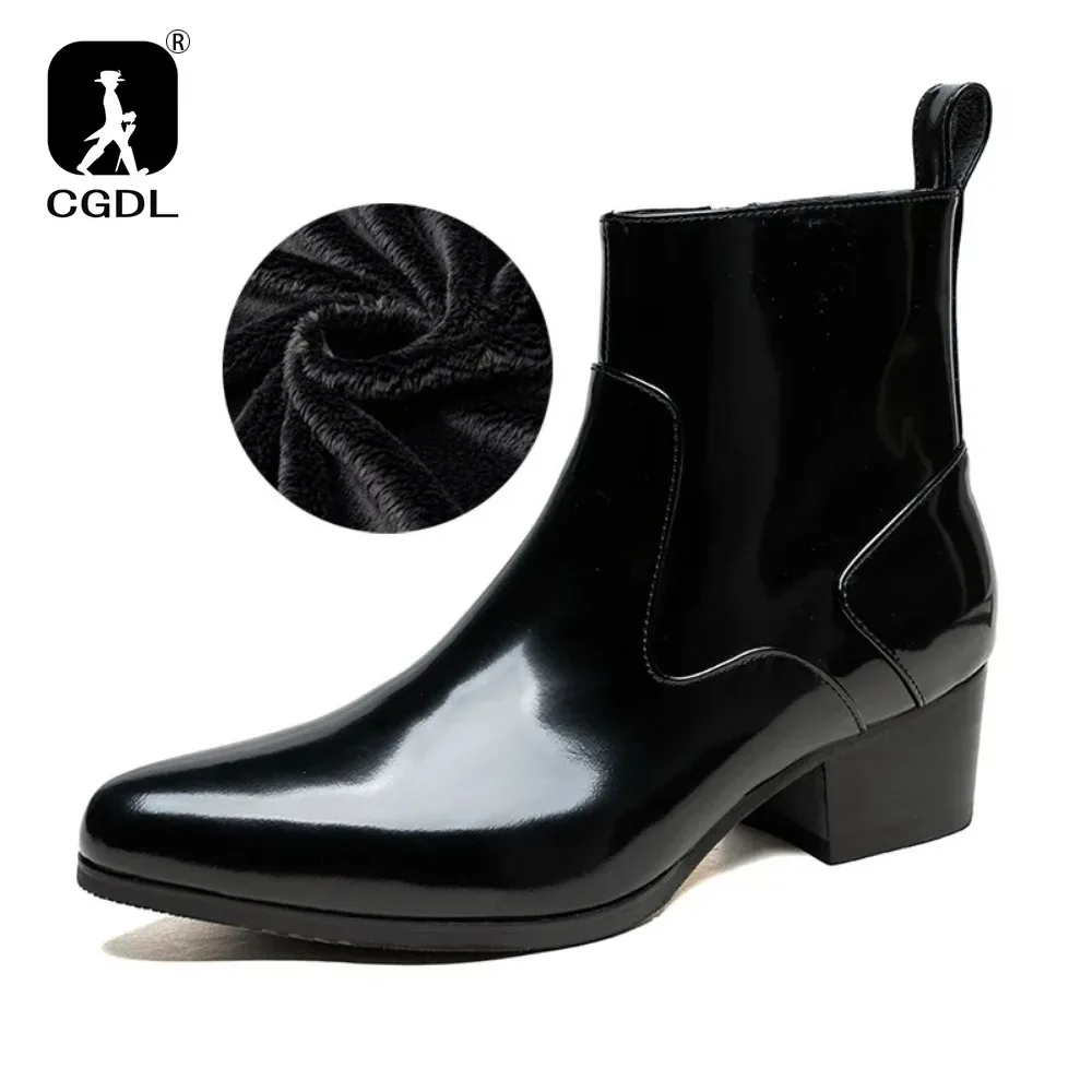 Botas de plataforma masculinas de couro envernizado com saltos de luxo couro de vaca real sapatos quentes de inverno aumentar altura 5 cm zíper lateral sem atacadores