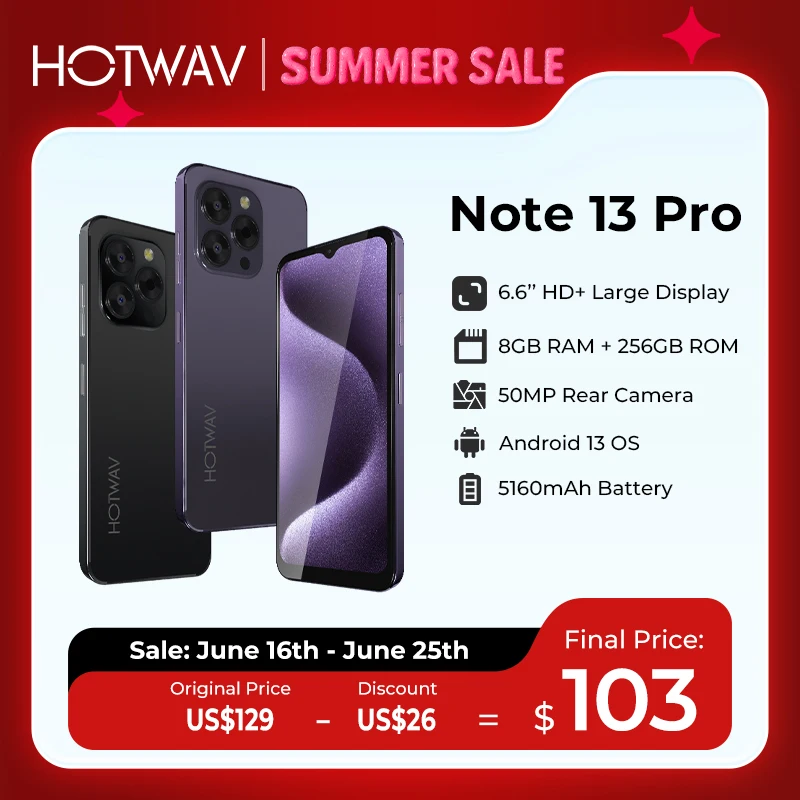 

[Мировая премьера] Смартфон HOTWAV Note 13 Pro 6,6 дюйма HD + Android 13 16 ГБ + 256 ГБ восьмиядерный мобильный телефон 50 МП 5160 мАч