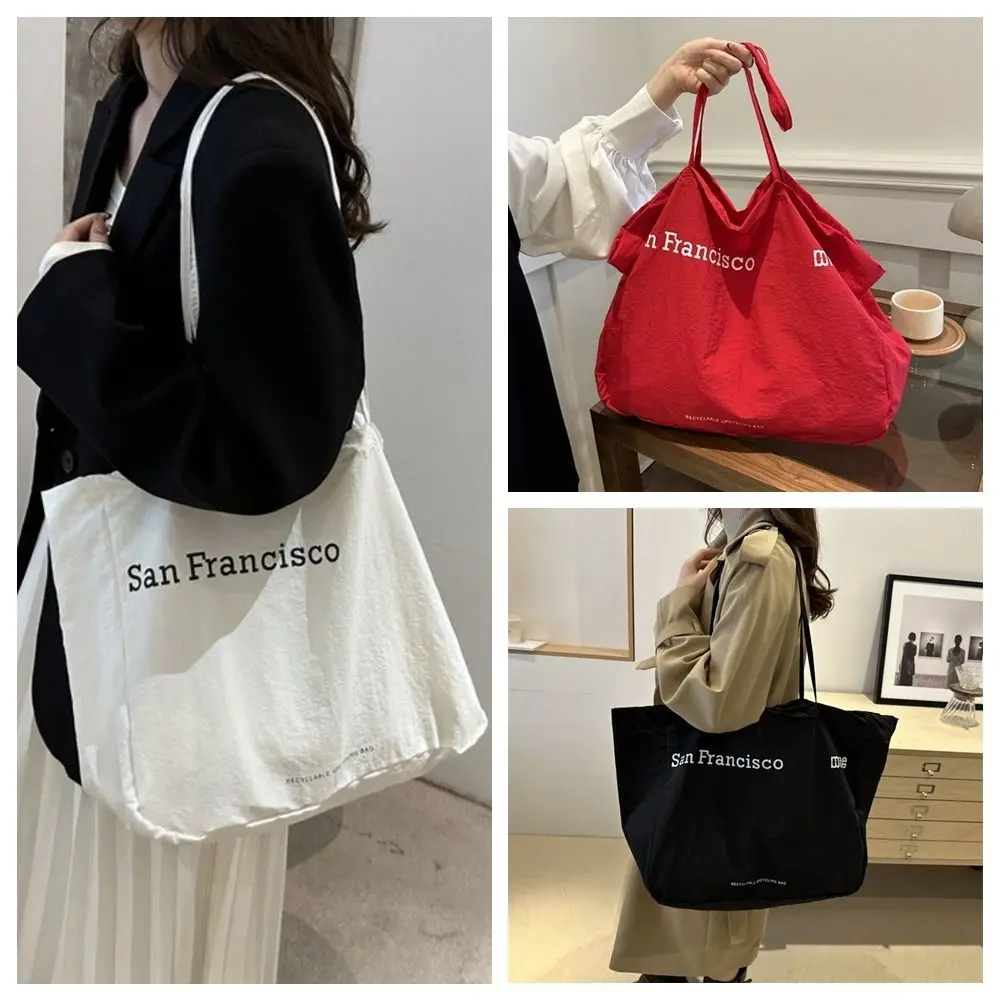 

Fashion Large Capacity Canvas Shoulder Bag Solid Color Street Style Tote Bag Letter Print Shopping Bag School Handbag School Use