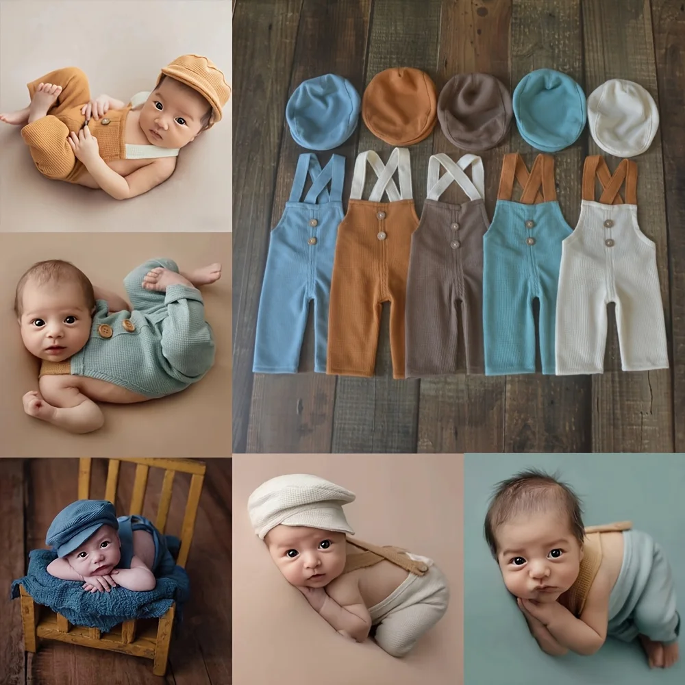 2pcs/sets Baby Photography Outfits, Newborn Gift Set Gift Box, Adorable Soft Bud Hat and Button Overalls, Baby Shower Party Gift