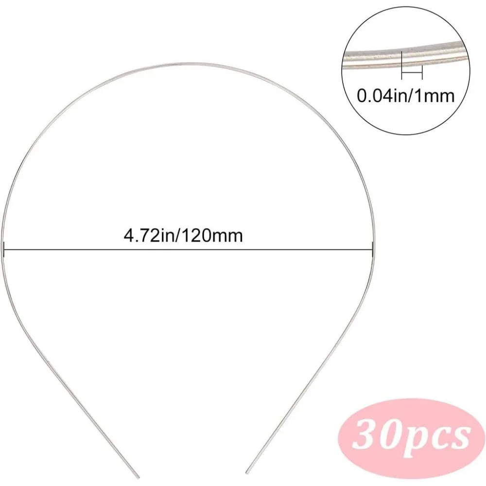 30Pcs 1mm Wide Silver Thin Plain Blank Metal Headbands Wire Hair Bands Hair Hoop Smooth Metal Base Holder Clasp for Women Men