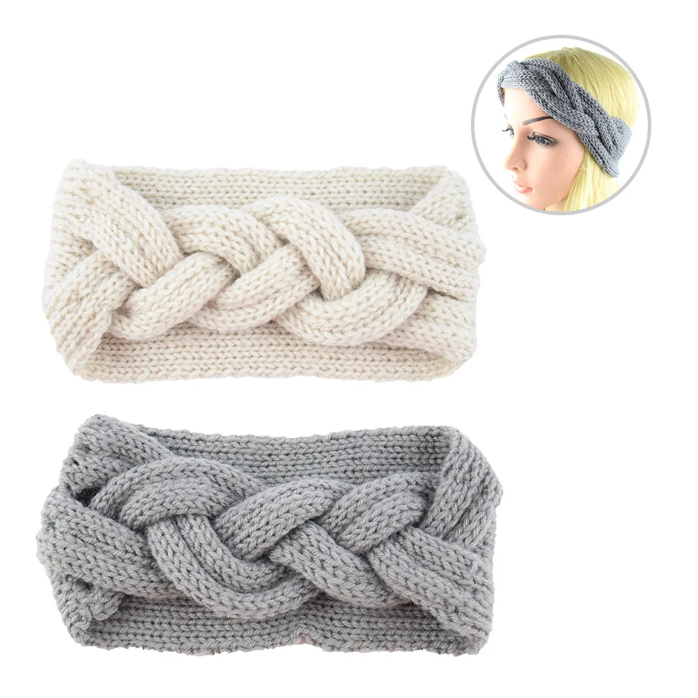 

2Pcs Warm Women Crochet Headbands Chunky Knitted Turban Cross Knotted Ear Warmer Hairband Winter Hat Beige Gray