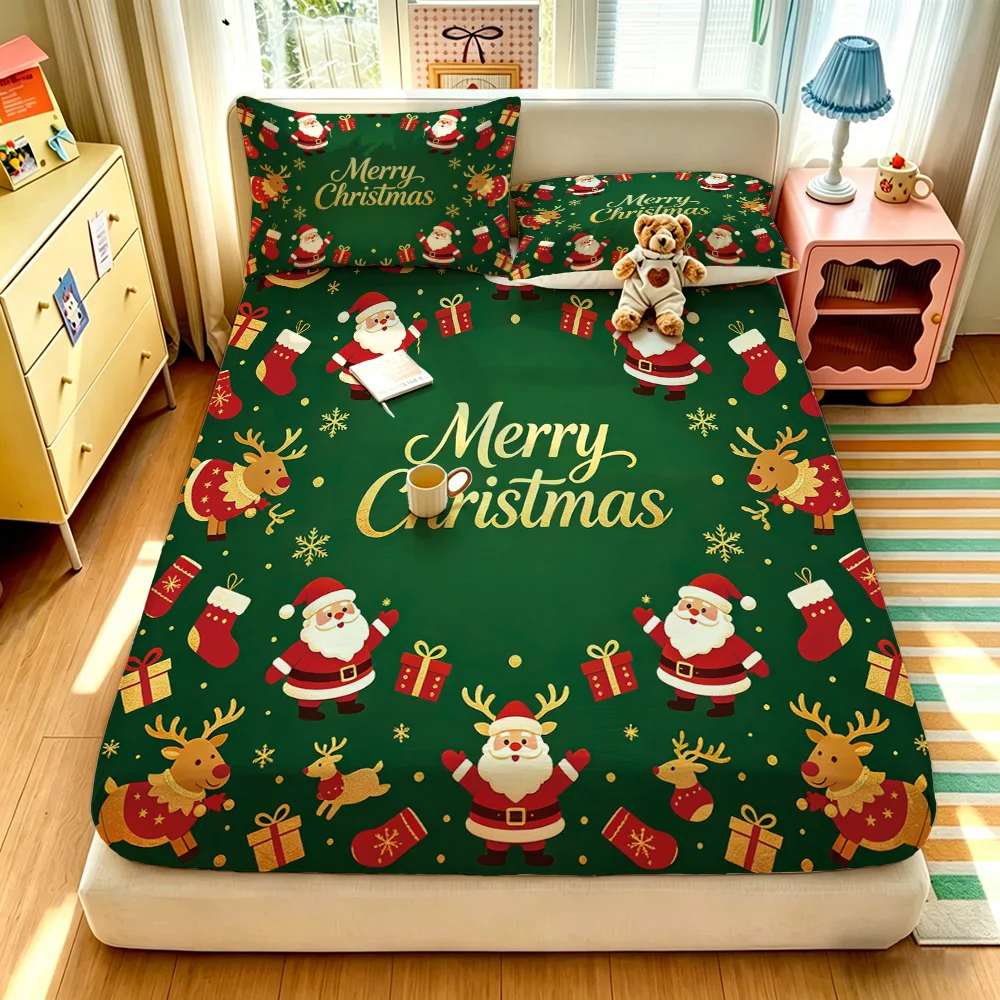 3PCS Christmas Santa Claus Reindeer Print Duvet Cover Set No Insert Soft Machine Washable 1 Duvet Cover 2 Pillowcases Fashion